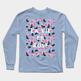 La Vie En Rose on blue - pink scattered vintage roses on blue Long Sleeve T-Shirt